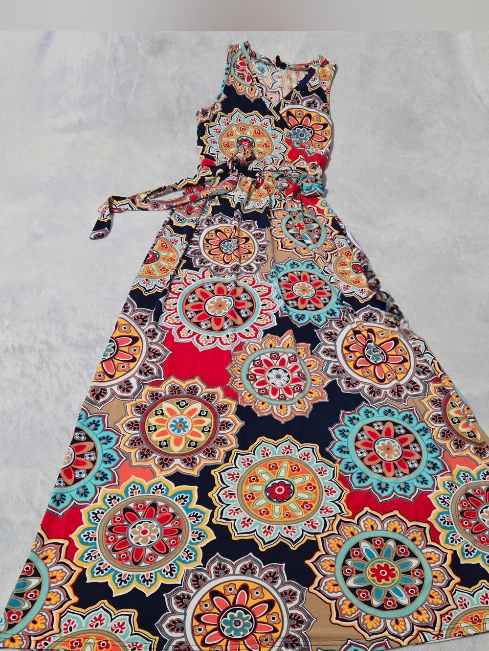 Womens Zattcas Sleeveless Plunge-Medallion Pattern, Bohemian Long Dress - Size M